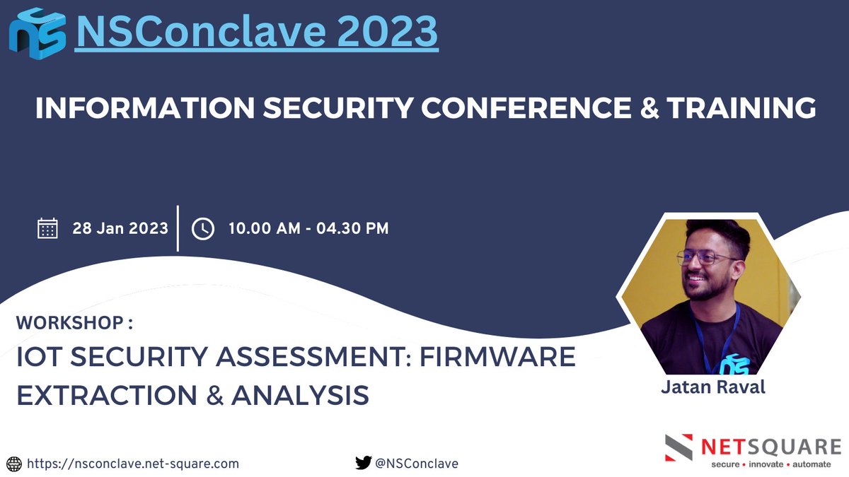 Have you thought about the security of Smart Home solution? if not, Let's deep dive into #IOTSecurity with our speaker of the event - <a href="/JatanKRaval/">Jatan Kashyap Raval</a> on IoT Security Assessment: Breaking into Smart Home Solution #NSConclave2023 #Conference #CyberSecurity 

🌐 nsconclave.net-square.com/iot-security-a…
