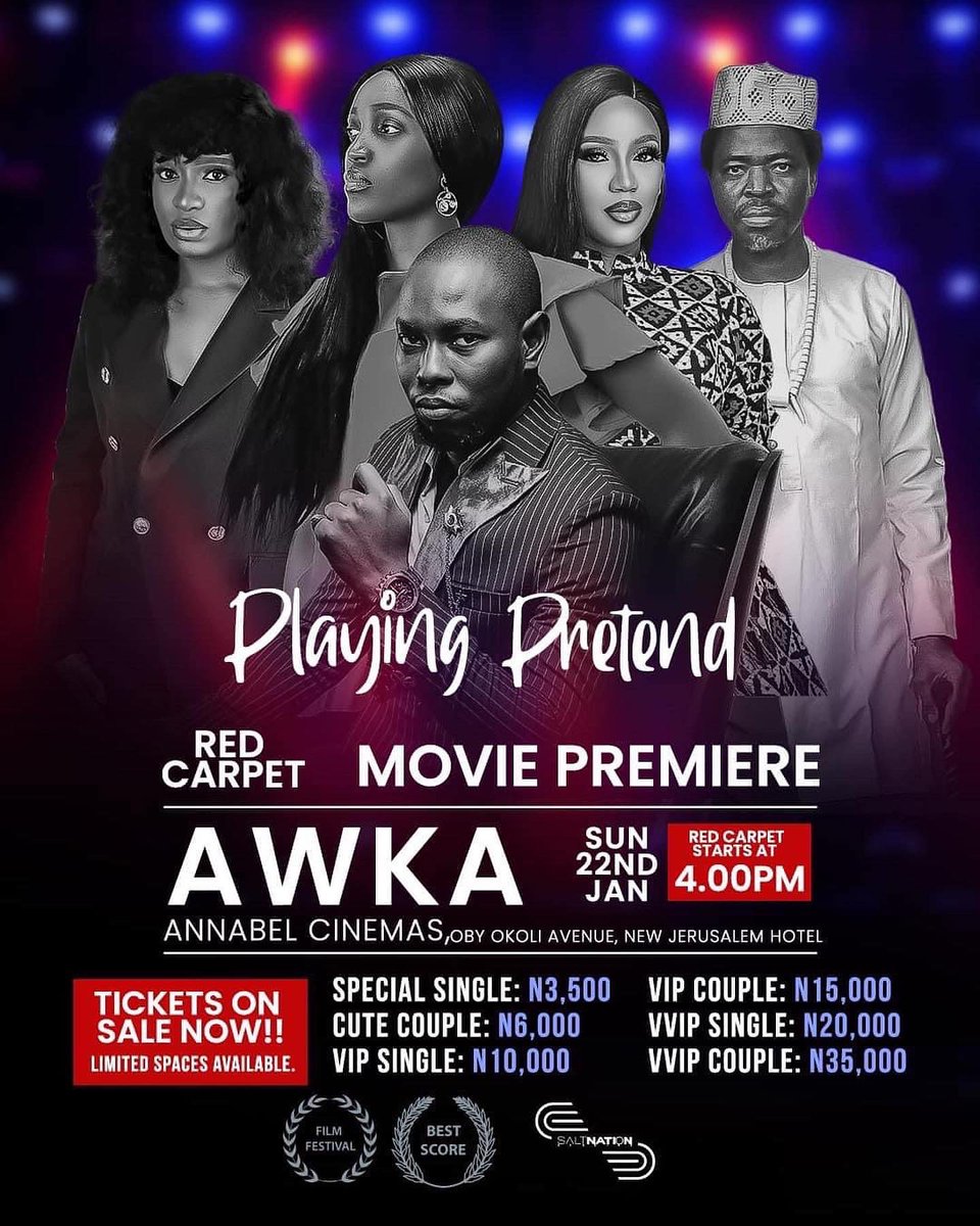 Lagos, Enugu and Awka. Get your tickets and lock in your dates!

See y’all soon! 
#playingpretend #playingpretendthemovie #film #moviepremiere