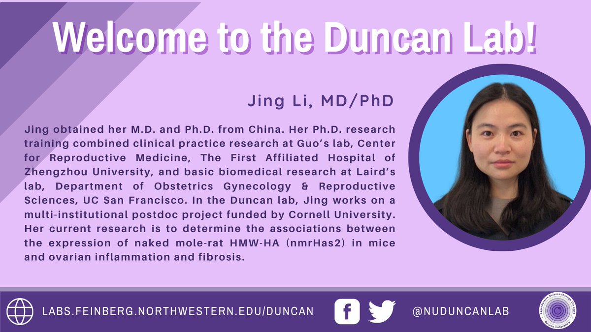 NUDuncanLab's tweet image. Please join us in welcoming Jing Li, MD/PhD to the Duncan Lab✨#collaboration #womeninSTEM #reproductivescience