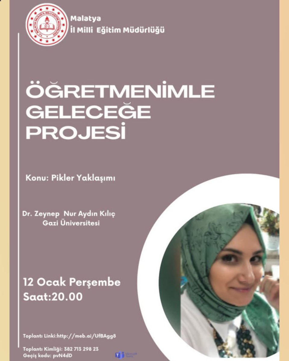 İl Müdürlüğümüzce yürütülen “Öğretmenimle Geleceğe” projesi kapsamında okul öncesi öğretmenlerimizle, alanında uzman Gazi Üniversitesi Öğretim Üyesi Dr. Zeynep Nur Aydın Kılıç tarafından  12 Ocak Perşembe günü saat 20.00’de'PIKLER YAKLASIMI' konulu çevrimiçi toplantı yapılacaktır