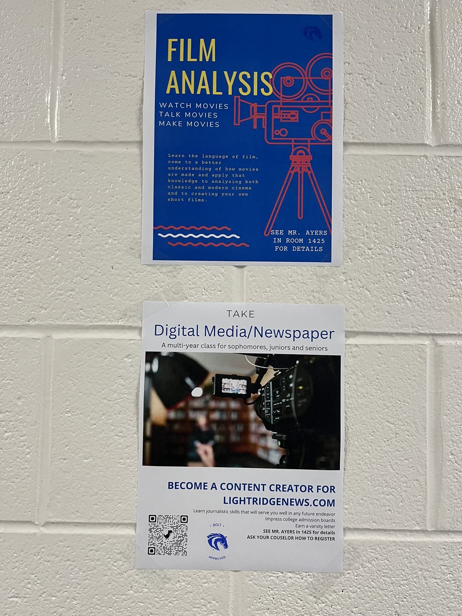 LightridgeEng's tweet photo. The (friendly) war continues between @FritzEducation and Mr. Greentree for elective superiority on the 1500 bulletin board. So many English electives to choose from! @Lightridge_LCPS https://t.co/YOSGiXsz2z