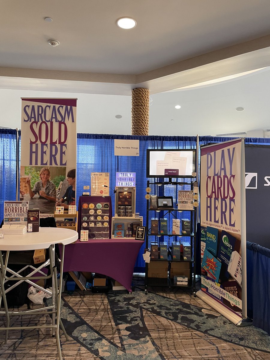 DrBerryman's tweet photo. Looking for a game that’s fun, engaging, and versatile? Check out Theatre Is Tragic at the Truly Horrible Things booth! Plus see our new Encourage-meh stickers!  #ttec2023 #encouragemeh #trulyhorriblethings #theatreistragic #theatreislife https://t.co/ojpAi6X4hf
