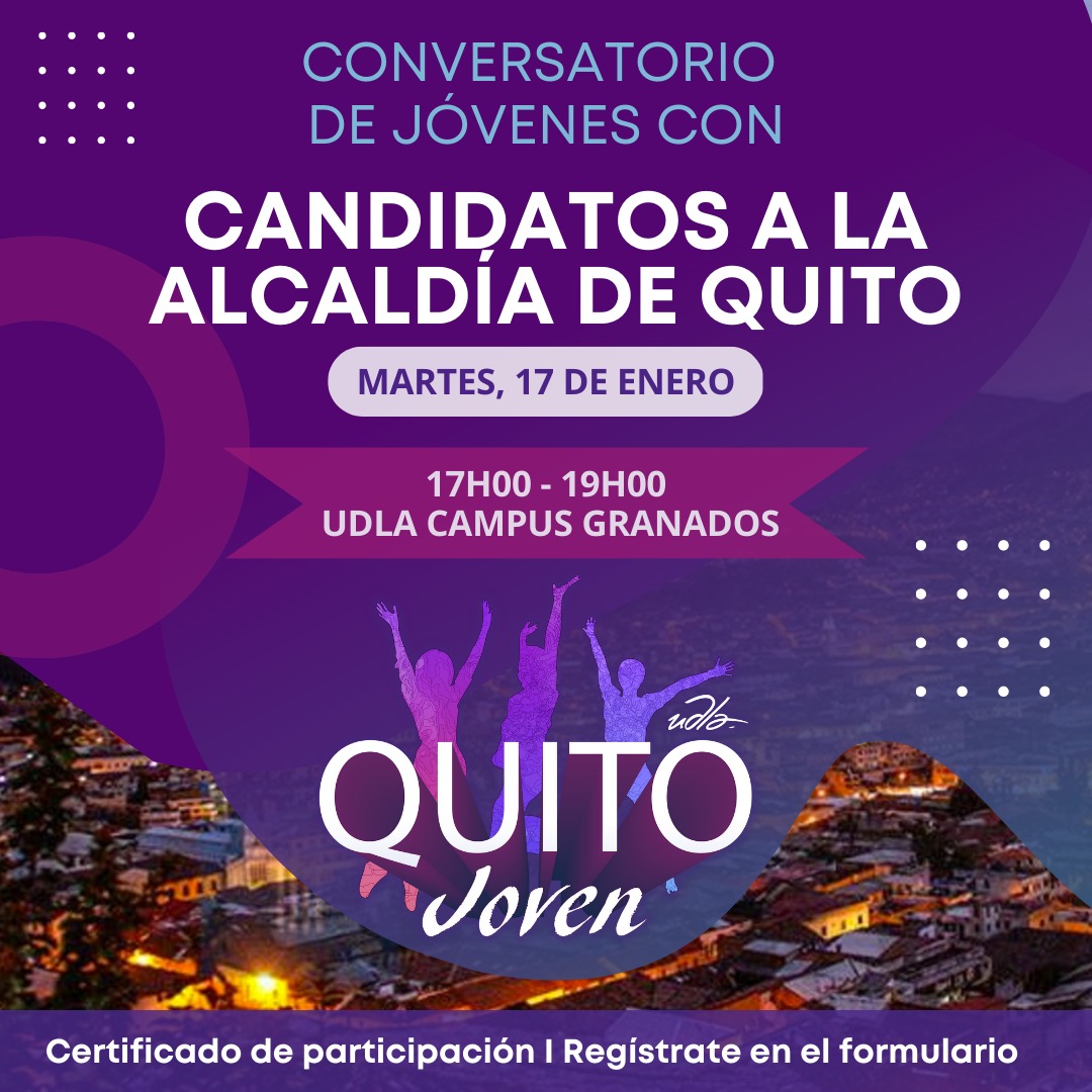 cpri_udla's tweet photo. A los jóvenes de nuestra ciudad! 🏙️

¿Quieres conocer las propuestas de los candidatos a la alcaldía? ¡Ven y participa en el evento QUITO JOVEN 2023! 📄 

📣 Es tu oportunidad de hacer preguntas a los candidatos. 

🖊️ Inscríbete en el enlace: https://t.co/FO4Qc7xT7E https://t.co/mc0D70U6sB