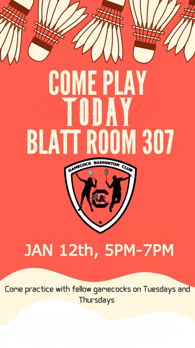 GCBadminton's tweet photo. Hello, gamecocks!! 
Welcome to a new semester filled with more fun events and fun sessions of badminton.
Come and Join us today for the first session of 2023 at Blatt PE from 5-7 PM.

#gamecocks #uofsc #badminton #gamecockbadminton #barstool #barstoolgamecocks #USC https://t.co/FcMOi0SiYx