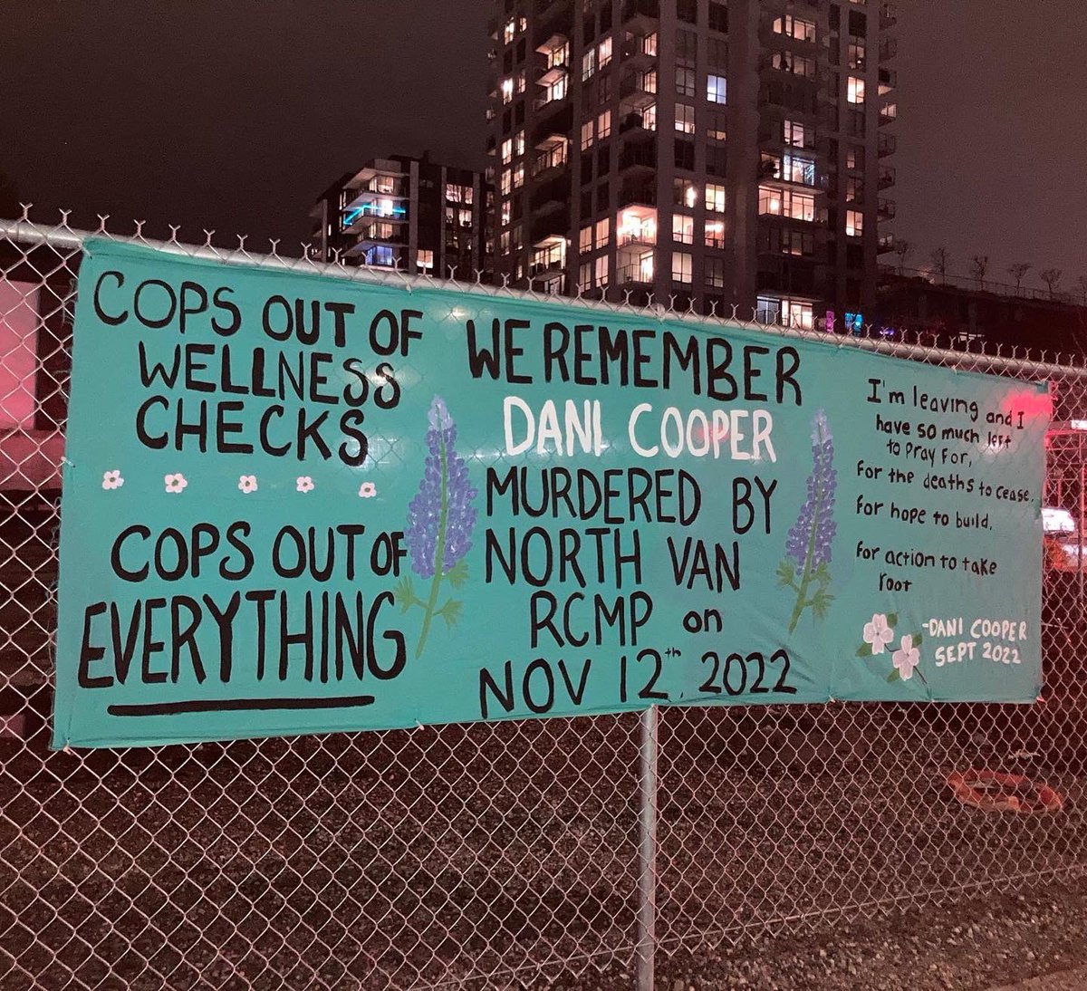 defund604's tweet photo. CN. Police murder of a queer community member
.
.
.
2 months ago the North Vancouver #RCMP murdered Dani Cooper, also known as Maiken and Dee Cee, during a wellness check. This memorial banner was put up at 17th &amp; Lonsdale to commemorate Dani. https://t.co/tMv81nxzSy