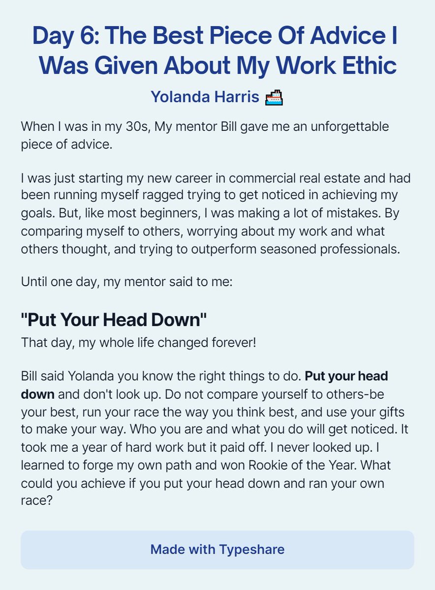 YolandaHarris's tweet photo. Day 6: The Best Piece Of Advice I Was Given About My Work Ethic https://t.co/xYrlZlUKqQ