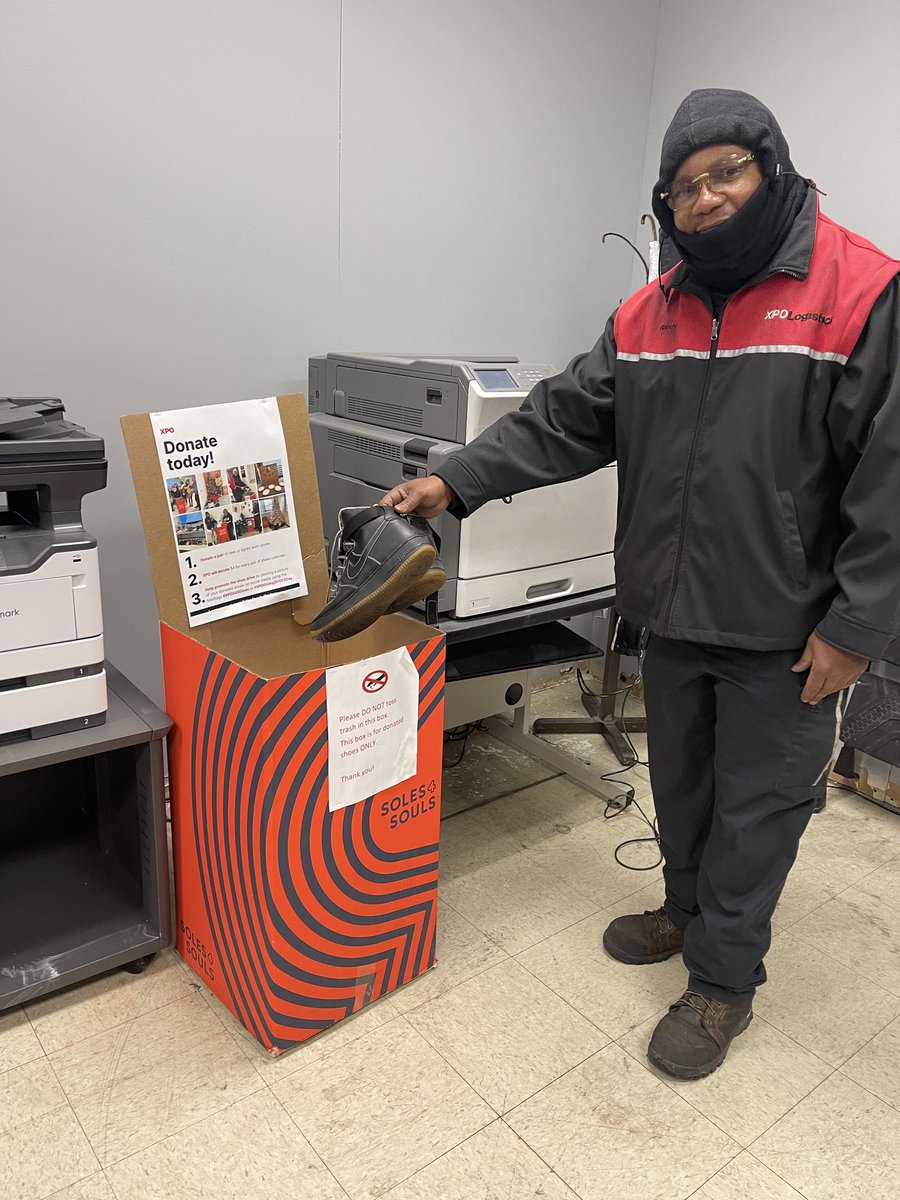 XPOLogistics's tweet photo. We’re thrilled to have worked alongside @Soles4Souls this holiday season to donate shoes to those in need. More than 140 XPO facilities and offices across the US participated in the shoe drive, and we donated more than 2,650 pairs of shoes and $10,000. Awesome job, #TeamXPO! https://t.co/sTJaudfiLL