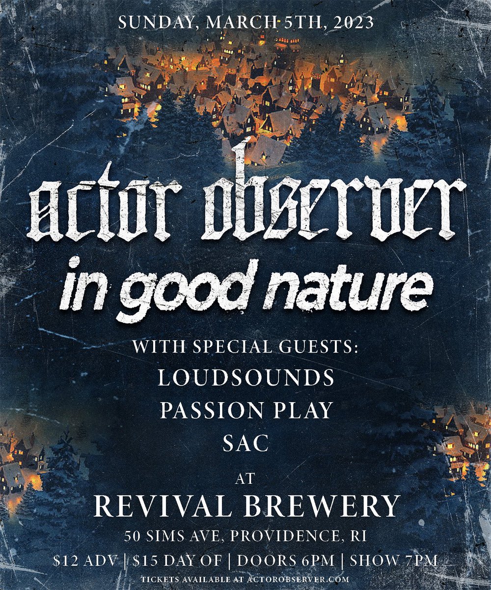 VENUE UPDATE: Providence —— our show on March 5th with <a href="/actorobserver/">ACTOR OBSERVER</a> will now be at <a href="/revivalbrewing/">Revival Brewing Co</a> . Tickets on sale now at actorobserver.com .