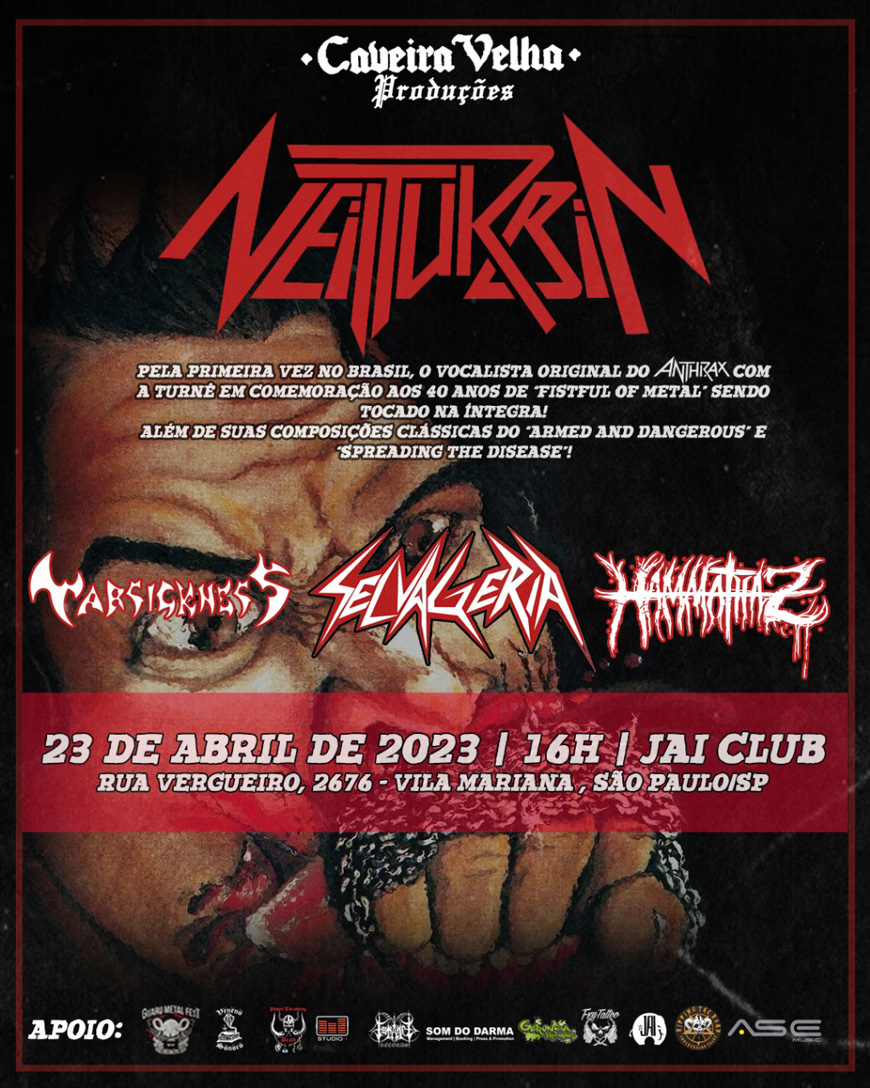 NEWS ASE MUSIC - Neil Turbin: ex-Anthrax se apresentará em abril no Jai Club (SP) - confira os detalhes em tinyurl.com/jw6hkscx

Repertório da 'Fistful of Metal Alive 40th Anniversary Tour Brazil 2023' celebra 40 anos do clássico debut do Anthrax

#anthrax #neilturbin #jaiclub