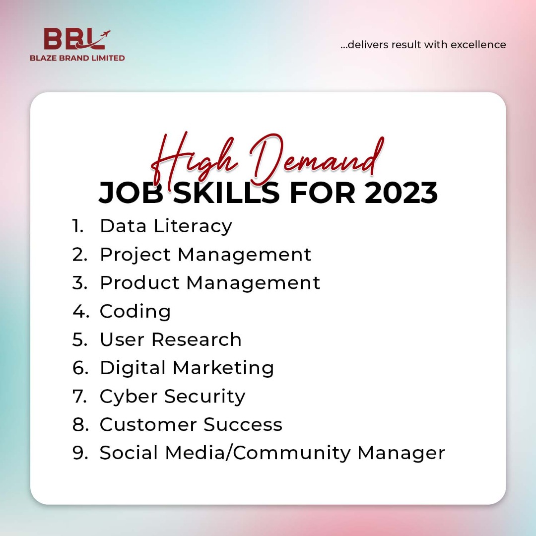 blazebrandltd1's tweet photo. Looking for Career Growth or Opportunities in 2023?
These are high demand job skills for 2023. Learning any of these can land you your dream job in 2023.
Make that move now!
#careerdevelopment #jobskill #Japa #migration https://t.co/navWAWiJIS