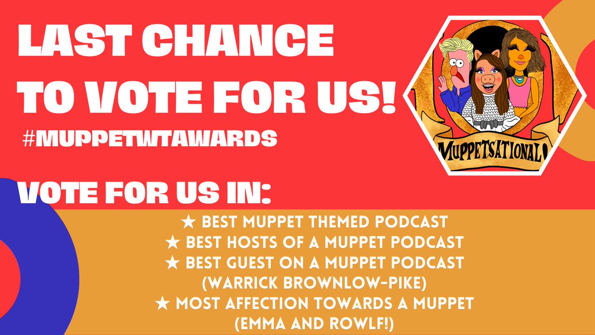 There's not long left to vote in the #muppetwtawards!

Vote for Muppetsational! in Best Muppet Themed Podcast and Best Hosts of a Muppet Podcast, plus <a href="/WarrickBP/">Warrick</a> as Best Guest on a Muppet Podcast and Emma and Rowlf in Most Affection Towards a Muppet

Vote: docs.google.com/forms/d/e/1FAI…