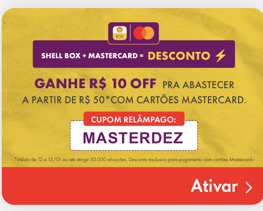 CuponsBrasil0's tweet image. Cupom Shellbox: MASTERDEZ
R$ 10,00 de desconto em abastecimento a partir de R$ 50,00
Só até amanhã, 13/01
Para uso com cartão de crédito Mastercard #cupom #shell #shellbox #desconto #gasolina #ifood
