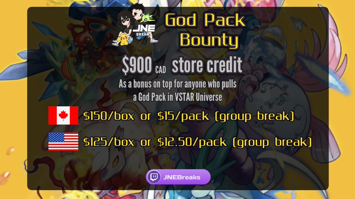 JNEBreaks's tweet photo. $900 CAD in store credit for whoever pulls a God Pack in VSTAR Universe on stream. DM for details - going live tonight 7pm ET on Twitch! (@JNEBreaks) 

Also here's a free Mew AR - to enter:

1⃣ - Follow, Like &amp; RT
2⃣ - Tag 3 PokéBuddies

🌎 eligible / ends January 15th 11:59pm ET https://t.co/dKyXPrvikS