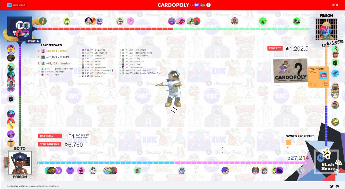 cardopoly's tweet photo. Game #10 is officially a WRAP!

Huge shout out to the featured projects who came to play &amp; compete with their  #NFT's! 
@KeyboardWIC ⌨️
@HappyHoppersNFT 🐸
@chasingpars 🏌️‍♂️

Nothing but amazing things to say about these guys, plz take the time to check out their projects!

GG ALL! https://t.co/EvR6ecKV4t