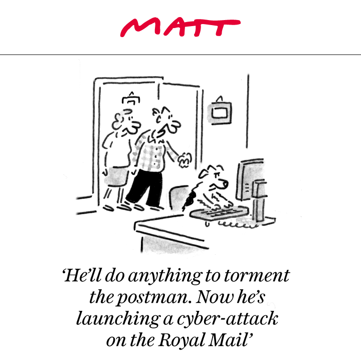 MattCartoonist's tweet photo. 'He'll do anything to torment the postman. Now he's launching a cyber-attack on the Royal Mail'

My latest cartoon for tomorrow's @Telegraph 

Subscribe to my weekly newsletter to receive my unseen cartoons: https://t.co/JNDhrYJMFH https://t.co/3yCenMnQWT
