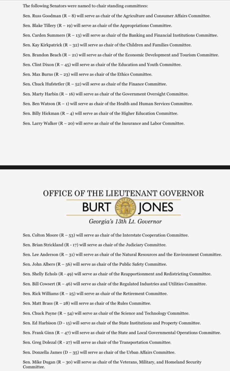 bluestein's tweet image. New LG @burtjonesforga is off to the races: Shortly after being sworn in, he announces committee assignments. Two of his allies — Sens. Matt Brass (Rules) and Brandon Beach (economic development) — land key committee chair spots.