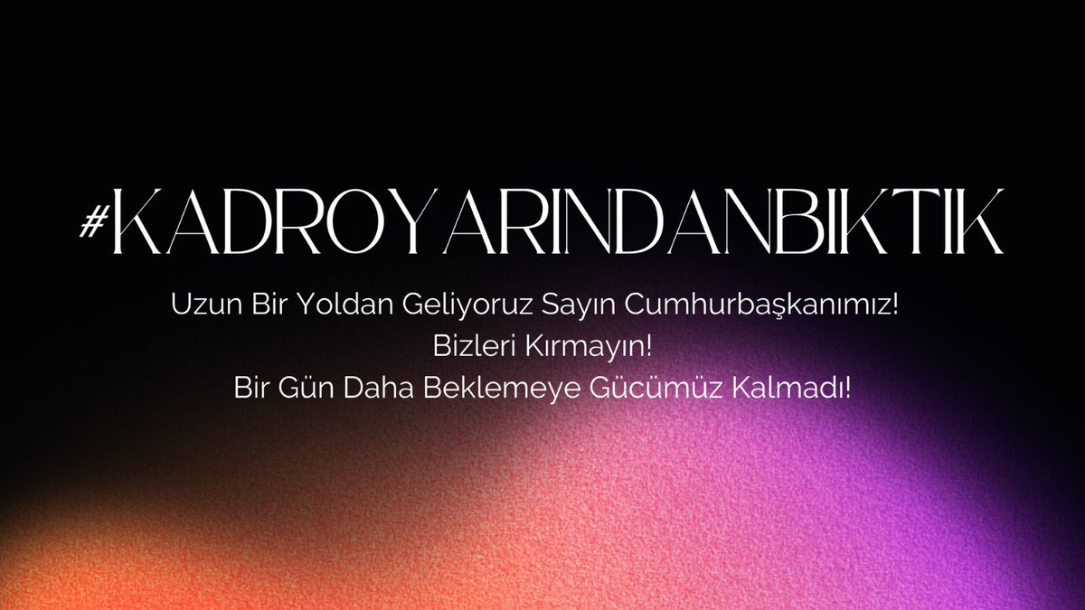 Aylardır haftalardır günlerdir bekliyoruz!

Her gün gelecek denildi hafta verildi gün verildi!

Hak kaybı yaşıyoruz!

Aralık’ta Bitti denilen Kadro?

<a href="/RTErdogan/">Recep Tayyip Erdoğan</a>
<a href="/dbdevletbahceli/">Devlet Bahçeli</a>
<a href="/fuatoktay/">Fuat Oktay</a>
<a href="/vedatbilgn/">Vedat Bilgin</a>
<a href="/mustafaelitas/">Mustafa Elitaş</a>
<a href="/israfilkisla/">İsrafil KIŞLA</a>
<a href="/emrullahisler/">Emrullah İŞLER</a>
#KadroYarındanBıktık