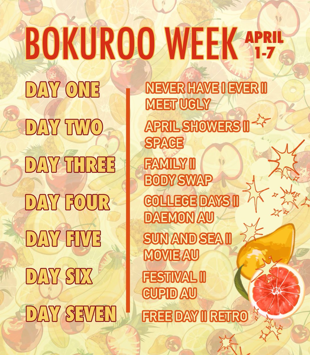 BKKRWeek's tweet photo. #BKKRWeek2023 prompts to get everyone ripe and ready for sweetness and shenanigary. Really excited to see what will come from them this April! ❤️💛

[additional info in replies]

#bokuroo #haikyuu https://t.co/cmO6eBcUI3
