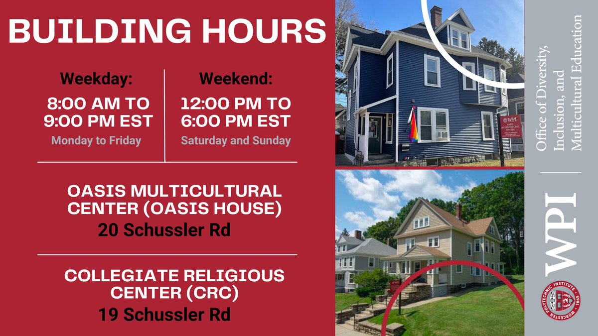 wpi_odime's tweet photo. Come hang out at the OASIS House and CRC! You can also reserve our spaces on 25Live if you need a group study session space or a place to cook a good meal.

#socialjustice #SpiritualLife #InclusionPrograms #inclusion #EquityPrograms #diversity #DiversityPrograms #WPITechTube https://t.co/BJjHVPeXYg