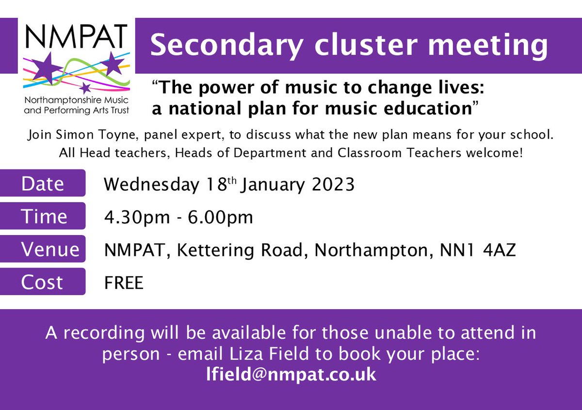 NMPATrust's tweet image. Join us for our Secondary cluster meeting on Wed 18th January led by @sgtoyne #MusicNetwork #SecondaryEducation #MusicMatters