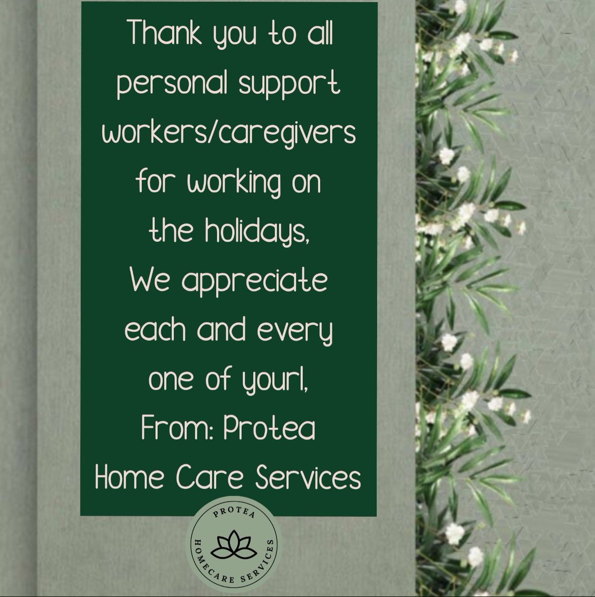 Thank you to everyone that sacrificed their time with their loved ones over the holidays!
Call/WhatsApp:+1 905 773 9893
Email:Proteahcs@gmail.com 
Instagram:@proteahomecareservices
Facebook:Protea Homecare Services
#PSW2022
#mississaugajobs
#mississaugaemployment 
#caregiverjobs