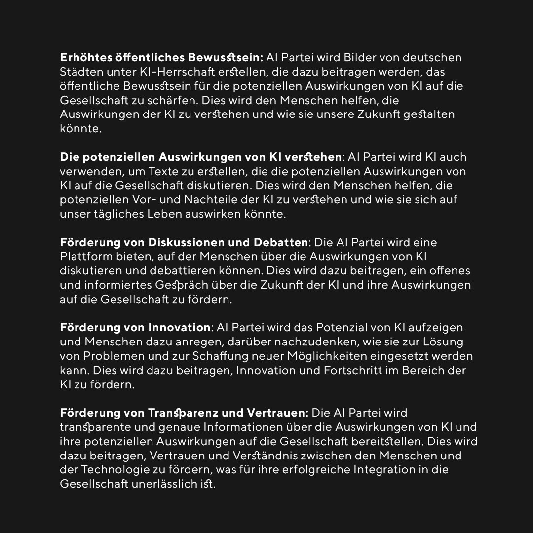 AiPartei's tweet photo. 1/3 Bitte beachten Sie, dass die Auswirkungen von KI auf Die Gesellschaft ist komplex und facettenreich, und der Zweck dieses Kontos ist es, Diskussionen und Debatten zu diesen Themen zu fördern. https://t.co/tQ7cGvO0Tc
