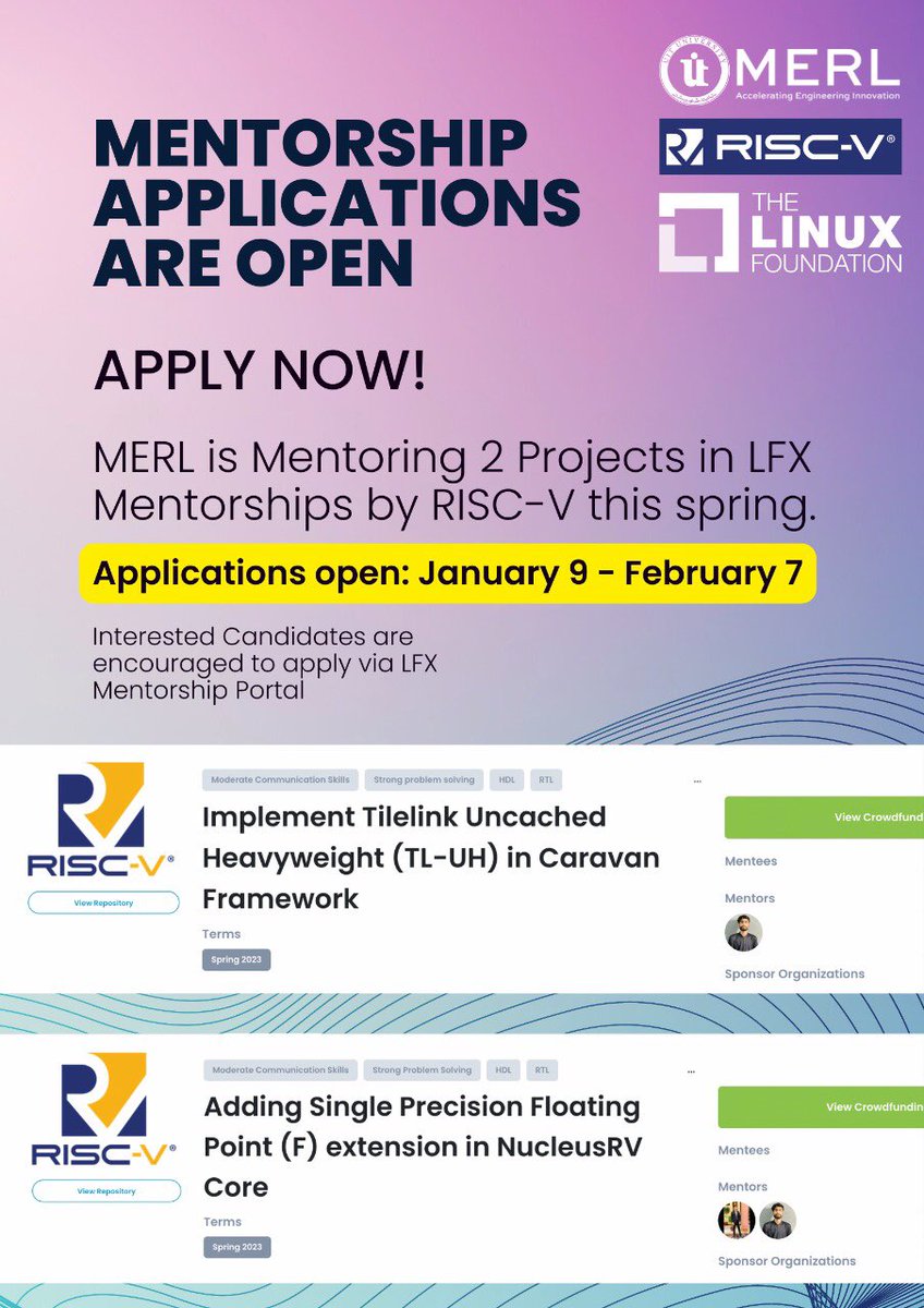 MERLUIT's tweet photo. Our two @risc_v projects are live at @linuxfoundation mentorship page. The applications are open till Feb 7 for contributors. APPLY!!
https://t.co/sFFDuk2vZ6
#opensource #mentorship #riscv https://t.co/DwbfMjwBfD