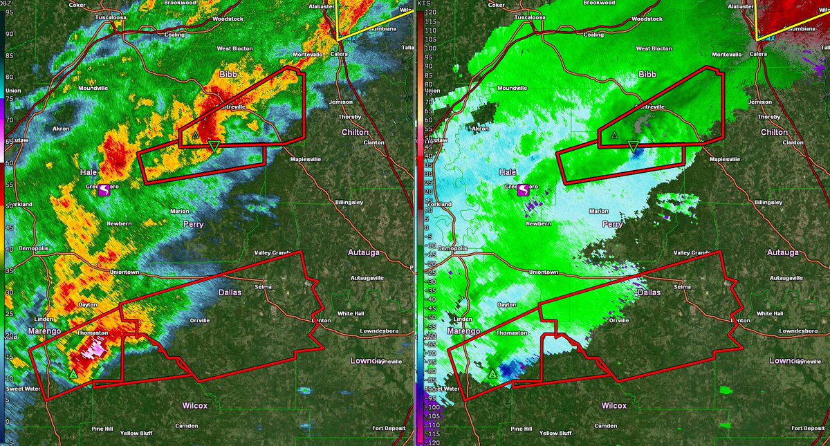 NWSBirmingham's tweet photo. 11:30 AM, multiple tornado warnings are ongoing with strong rotation on radar in both storms!! TAKE SHELTER NOW if in those warnings!! Perry, Bibb, Marengo, and Dallas, go to a safe place NOW!! https://t.co/lKmsWXXWIi