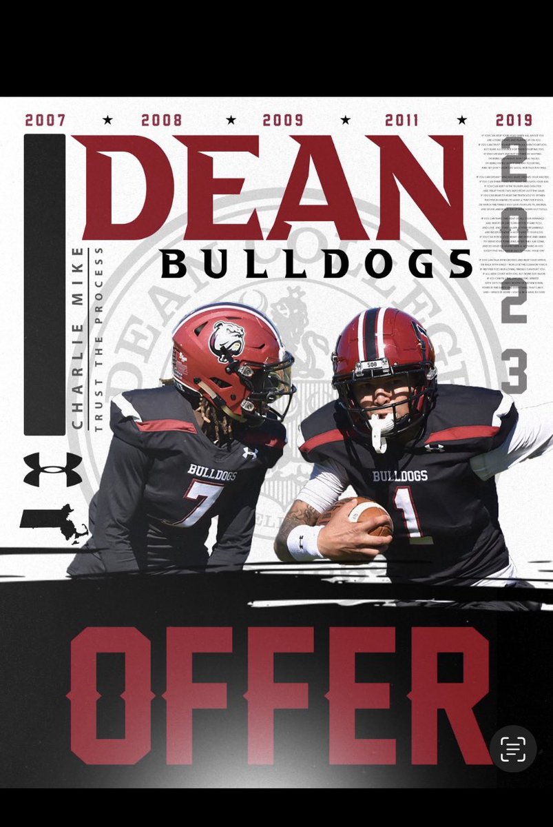 After a great conversation with <a href="/CoachDreMurphy/">Andrae Murphy</a> I am extremely blessed to receive an offer from Dean College! ⚪️🔴 <a href="/DeanCollegeFB/">Dean Bulldogs Football</a> <a href="/BMac93WB/">Brian McCartney</a> <a href="/CoachD_Ron_z/">Coach De'Ronzy</a>