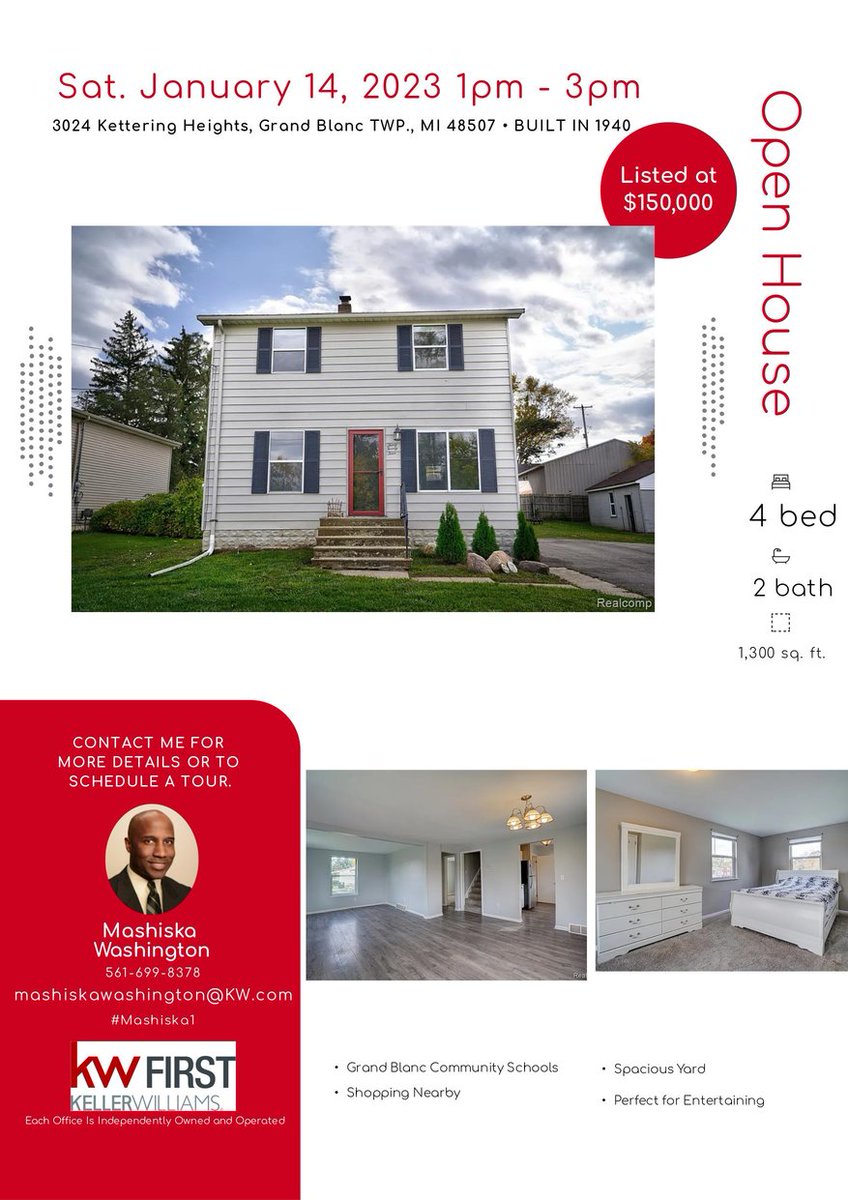 💥Open House💥 🏠: 1/14/2023
3024 Kettering Heights
Grand Blanc Twp, MI 48507
1pm - 3pm

Mashiska Washington
Keller Williams First
#Mashiska1 #RealEstate #GrandBlanc #KWFPP #KellerWilliamsFirst