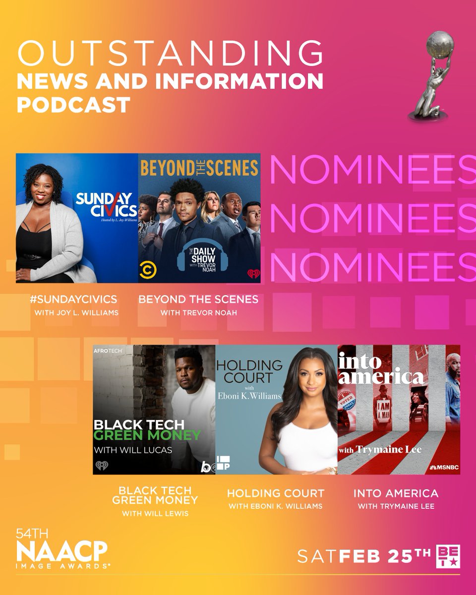 naacpimageaward's tweet photo. Congratulations 54th #NAACPImageAwards nominees for...

Outstanding Podcast (News &amp; Information)
🎙️ @SundayCivics - @ljoywilliams
🎙️ Beyond the Scenes - @Trevornoah 
🎙️ @BTGMPodcast 
🎙️ Holding Court with Eboni K. Williams
🎙️ @intoamericapod with @trymainelee https://t.co/HJBHBwsPlR