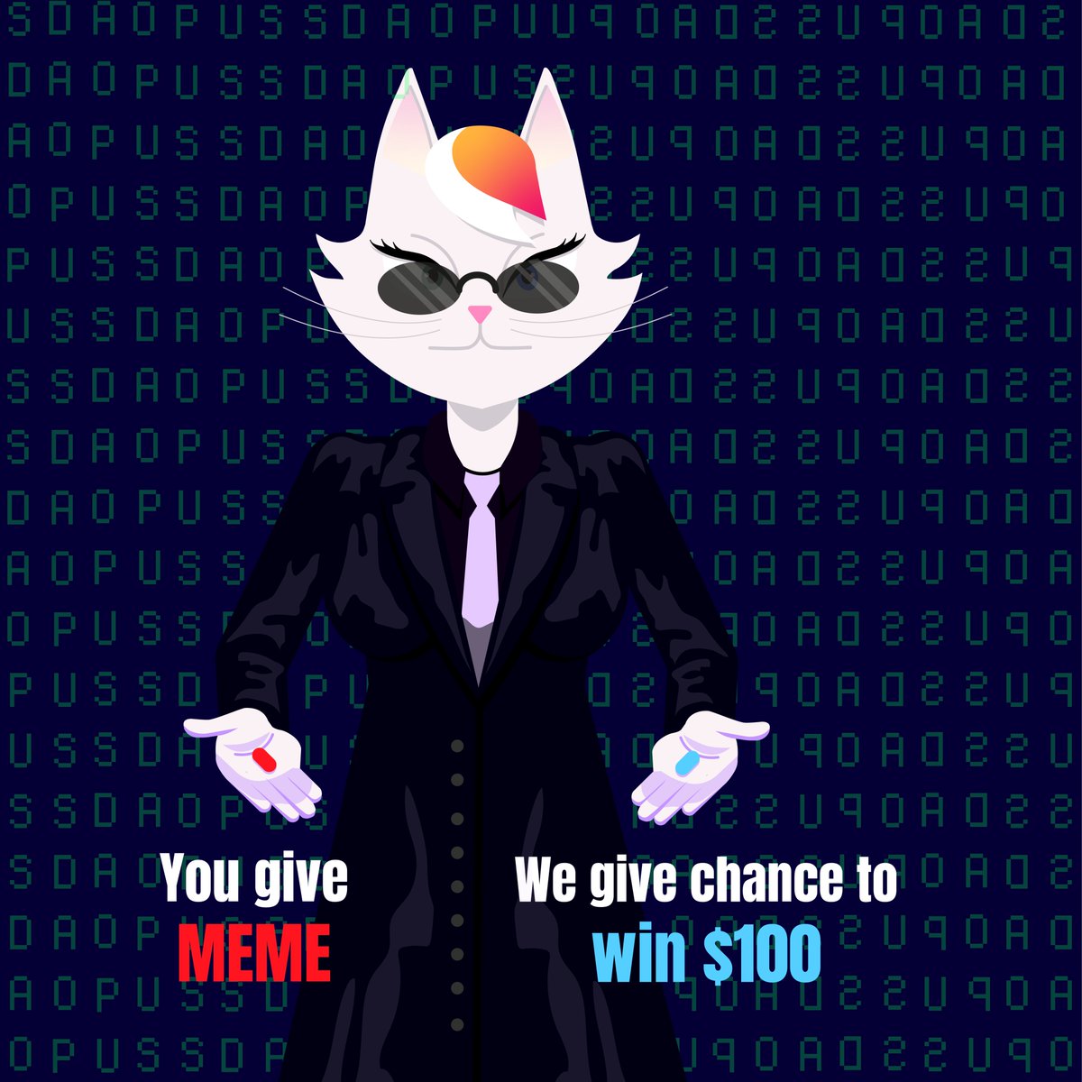 $PUSS meme contest! 🎉

Participate for a chance to win $$$ 💰

3 best memes to share $100 in $BUSD

Rules:
1. Like/RT/Reply to this tweet with a meme
2. Follow <a href="/PussDAO/">PussDAO</a> 

Hurry, the contest only lasts 48 hours! 🐈