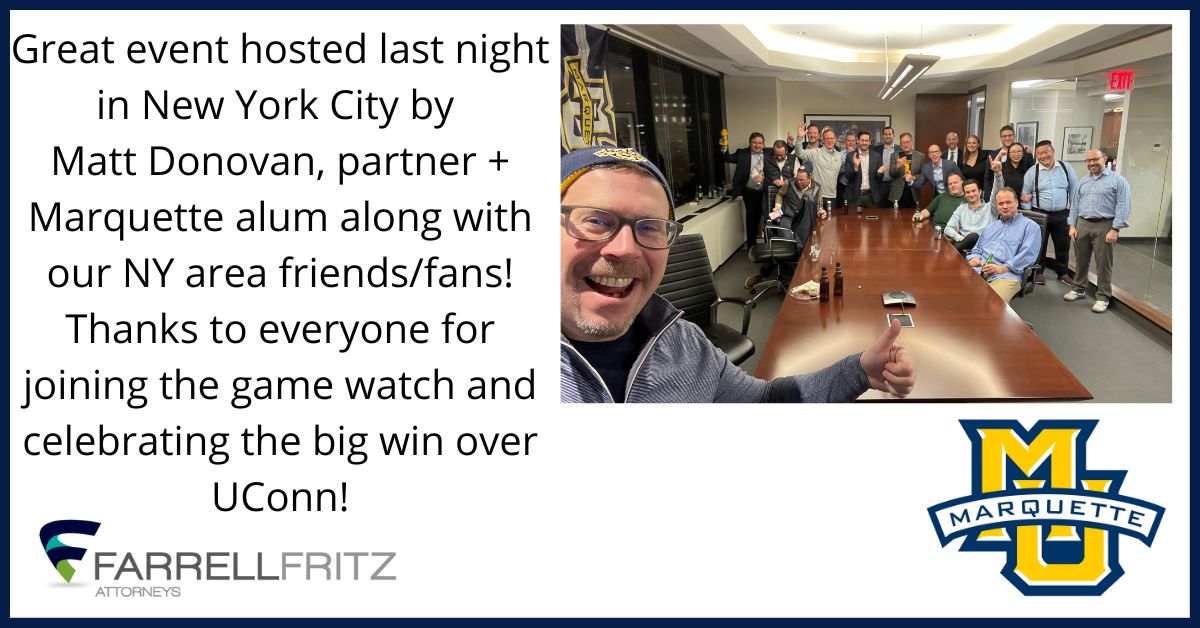 Great Marquette NY area alumni (and friends) event hosted last night by Matthew Donovan in our New York City office. 

The group watched the Marquette University Golden Eagles win a huge men's basketball game versus UConn (University of Connecticut). Great game!

#mubb #Marquette