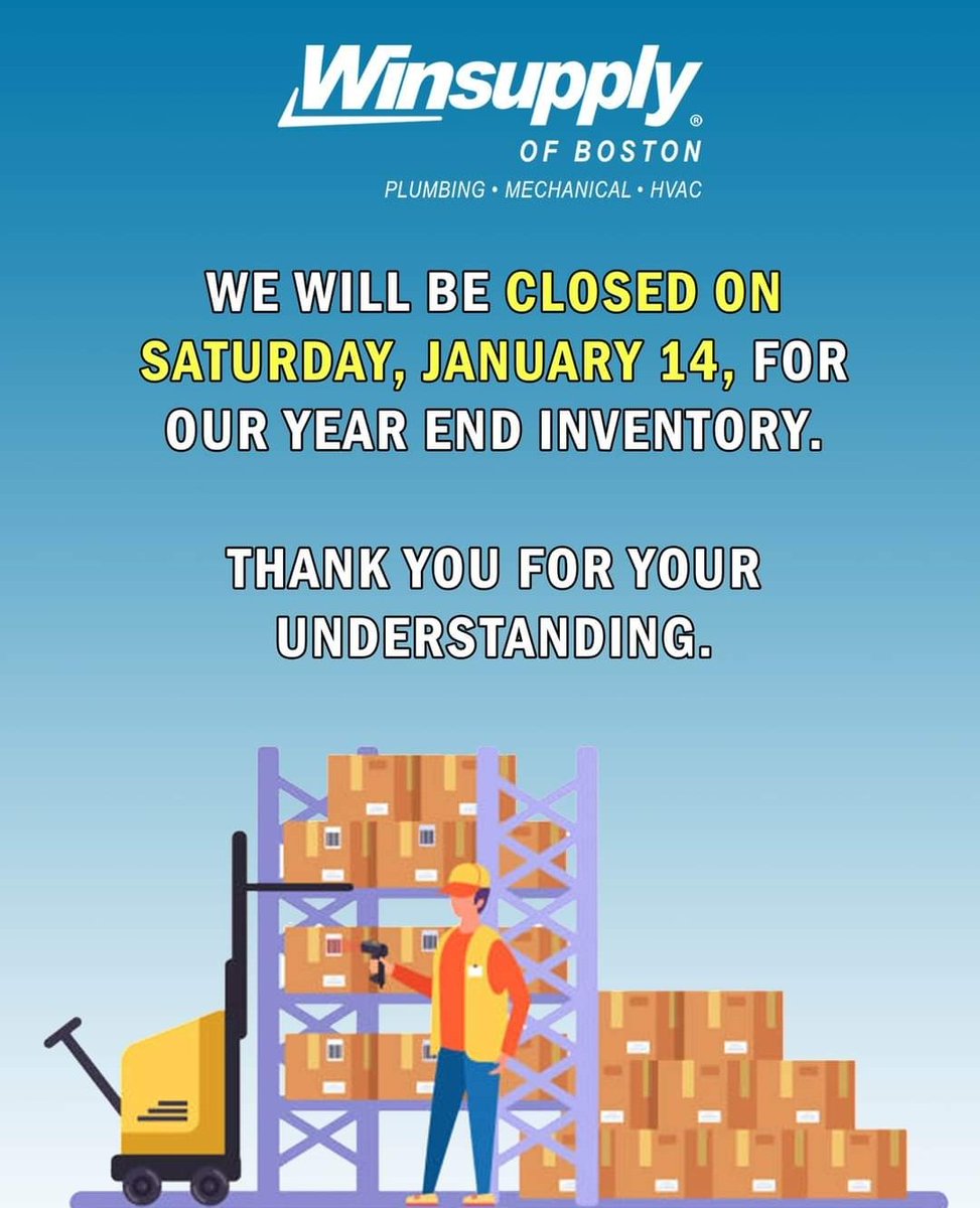 WinSupplyBoston's tweet photo. We will  be closed this Saturday 1/14. Sorry for any inconvenience and thank you for understanding! https://t.co/gGJHrQ5aen