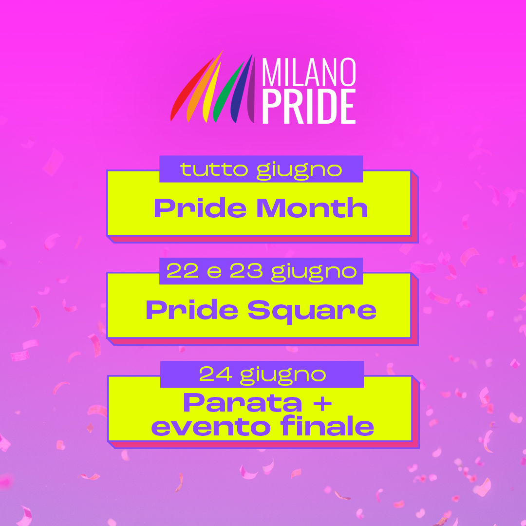 Non prendete impegni: il #MilanoPride vi aspetta! 🏳️‍🌈🏳️‍⚧️

⭐️  Pride Month: tutto giugno
🔥 Pride Square: 22 e 23 giugno
🌈 Parata + evento finale: 24 giugno