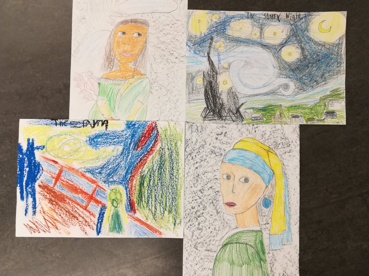 Jag har haft bildanalys med min klass (8 år) där vi har tittat på de mest kända målningarna i världen. Ser ni vilka det är som de har målat?