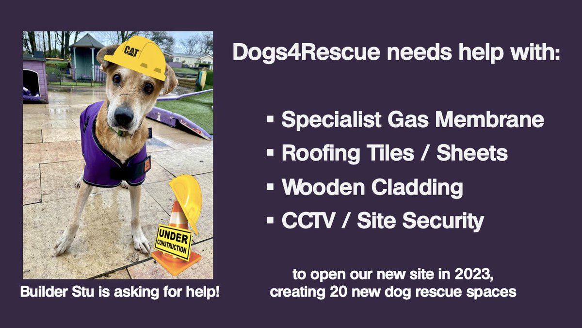 Dogs4Rescue's tweet photo. Twitter we need help with specific items before we can build the dogs’ log cabin &amp; open our new site. Please RT &amp; tag any companies / individuals who might be able to help us 🙏🙏🙏
❇️ Specialist gas membrane 
❇️ Roofing tiles &amp; sheets 
❇️ Wooden cladding 
❇️ CCTV &amp; site security https://t.co/ViSjjzsCFH