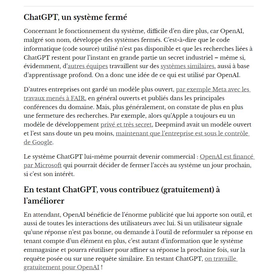 Dans "ChatGPT : pourquoi tout le monde en parle ?" <a href="/tpoibeau/">Thierry Poibeau</a> (<a href="/ENS_ULM/">École normale supérieure | PSL</a>) souligne 2 points intéressants : c'est pas libre et on travaille tous gratuitement pour lui.
Sur <a href="/FR_Conversation/">The Conversation France</a> (dont tous les articles sont sous licence Creative Commons)
theconversation.com/chatgpt-pourqu…