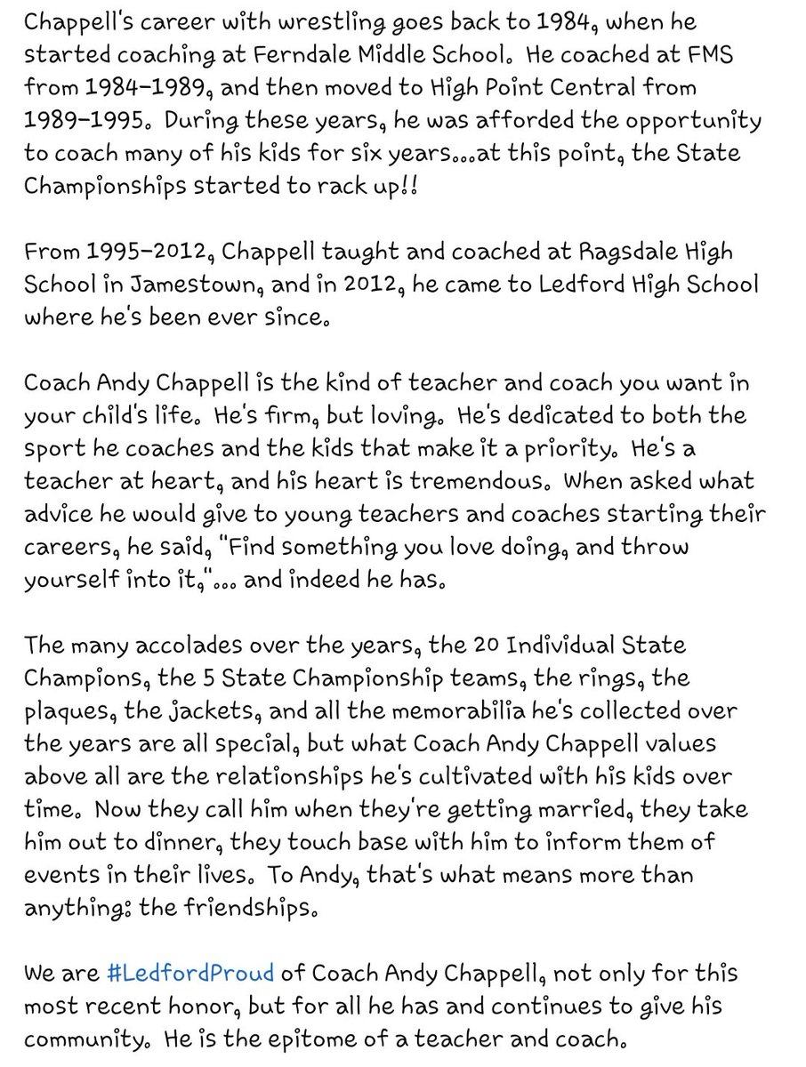 LedfordProud's tweet photo. 38 years coaching and he "wouldn't trade one".  With a serious mind and a servant's heart, Wrestling Coach Andy Chappell has taught &amp; coached kids for the better part of his life.  Early in February, he will be inducted into the High Point Central Hall of Fame!!! https://t.co/WsJiDaNh1j