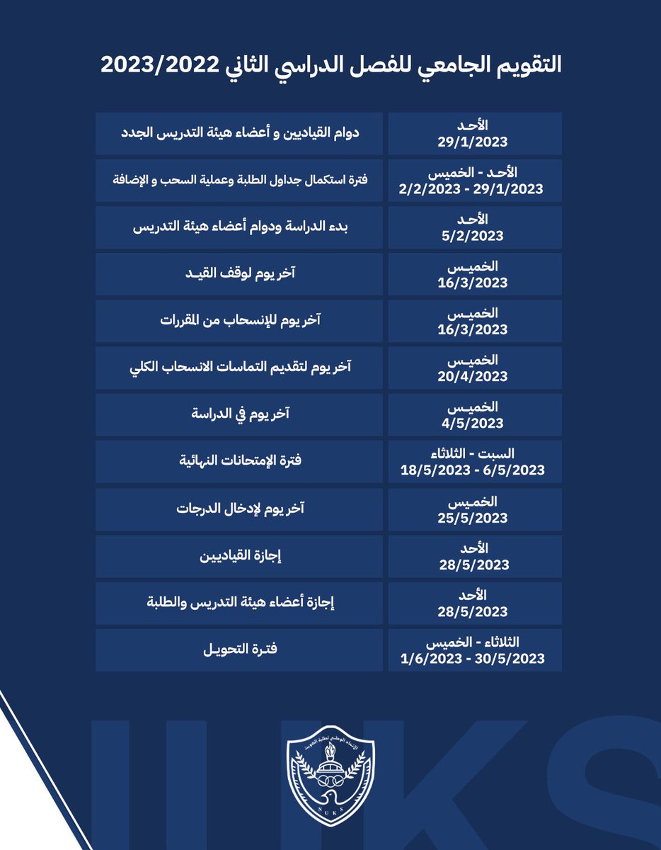 NUKSku's tweet photo. اتحاد طلبة جامعة الكويت | 

التقويم الجامعي للفصل الدراسي الثاني
 2022-2023 

#NUKSKU https://t.co/KmVoOWRldQ