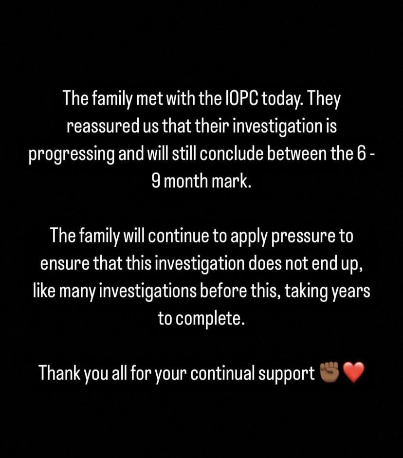 AVintenAuthor's tweet photo. Update from instagram from @JeffersonBosela on the meeting Chris Kaba’s family had with the IOPC. #RIPChrisKaba #IOPC They are still pushing for answers with grace and dignity. I hope they get them. https://t.co/tyNhj8Z5bR