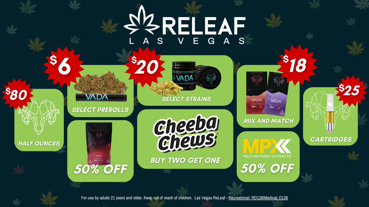LVReLeaf's tweet photo. Get a head start on your weekend ReLeaf <3

Order online delivery &amp; Pick up at
https://t.co/MzBmyj5MXA

For use by adults 21 years and older. Keep out of reach of children. Nothing for sale on Twitter. https://t.co/6KB0FheBlt