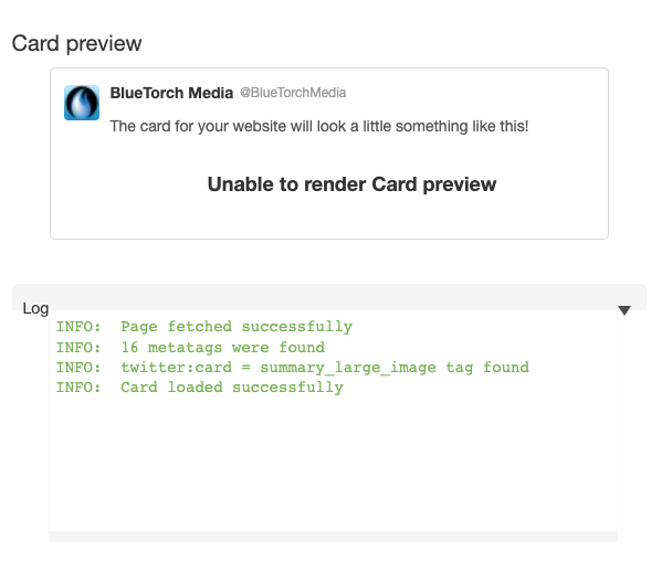 BlueTorchMedia's tweet photo. @TwitterSupport cards will not show, in the validator or in a tweet. All tags check out successfully. Any known issue? https://t.co/uzYosQpRPw