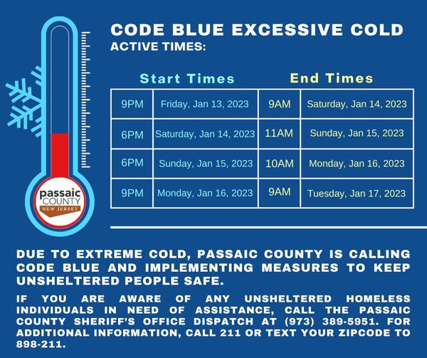 #CodeBlueAlert issued 4 Passaic County.
Anyone in need of a warming center should go directly to one of the listed below:
❄️Clifton: 1232 Main Avenue, Clifton, NJ 07011
(201-739-1475)
❄️Passaic: Dignity House, Broadway, Passaic, NJ 07055
❄️Paterson: 60 Temple, Paterson, NJ 07501