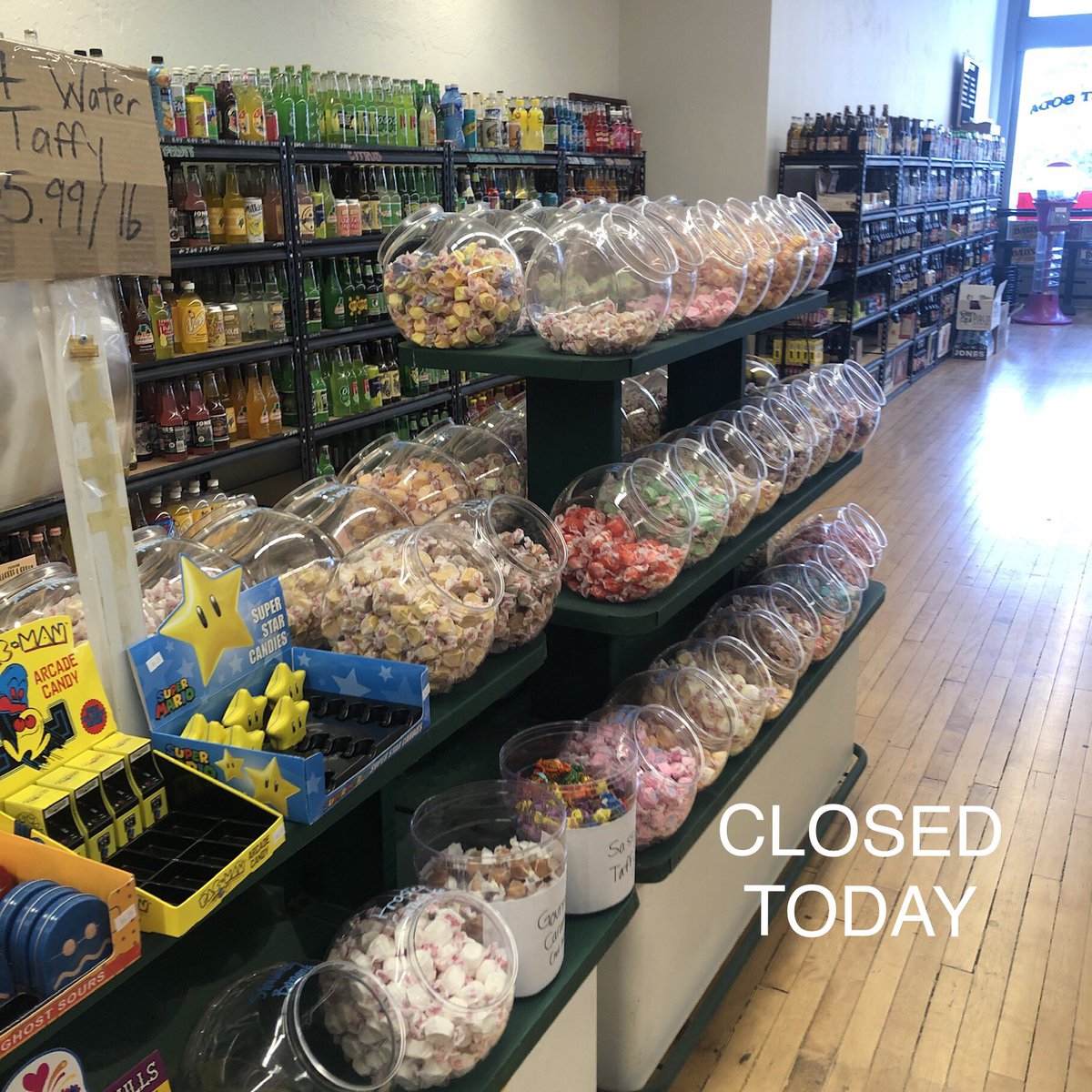 MassStreetSoda's tweet photo. Sorry for the inconvenience. Your taffy craving will have to wait. Due to low staffing, we will be closed today. We will be open tomorrow, Friday, at noon. https://t.co/kJHXUCmkWr