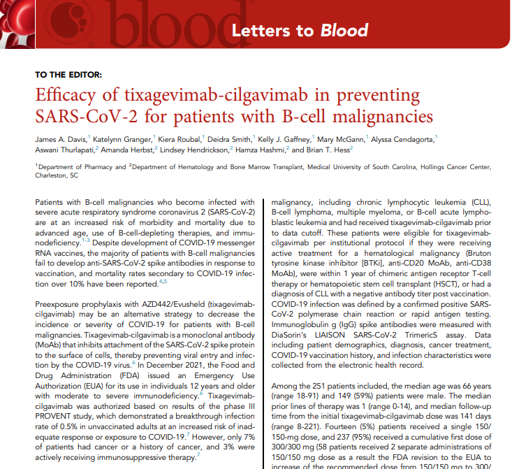 Happy to announce our #Evusheld paper was officially published today in the most recent issue of @BloodJournal Great work by an outstanding team! <a href="/KG_PharmD/">Katelynn Granger, PharmD, BCOP</a> @KGaffneyPharmD <a href="/pharmDeej/">Deidra Smith</a> <a href="/MaryMcGann17/">Mary McGann</a> <a href="/KieraPharmd/">Kiera Roubal, PharmD, BCOP</a> @hamzahashmi87  #oncopharm #mmsm #lymsm  ashpublications.org/blood/article/…