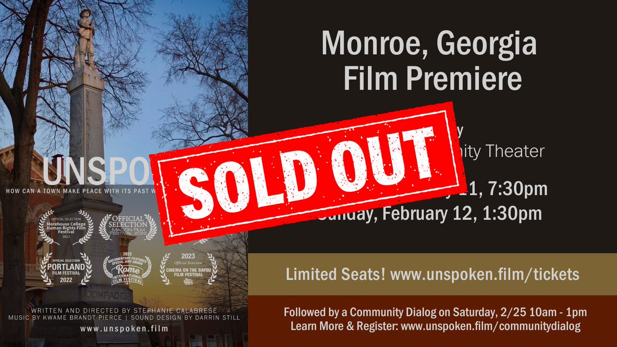 DocFilmUNSPOKEN's tweet image. We're overwhelmed and grateful for support from our hometown. Our Monroe, Georgia screenings on Feb. 11 &amp;amp; 12 are SOLD OUT! If you didn't get a seat but want to the see the film here, signup for the waitlist: unspoken.film/waitlist #monroega #georgia #film