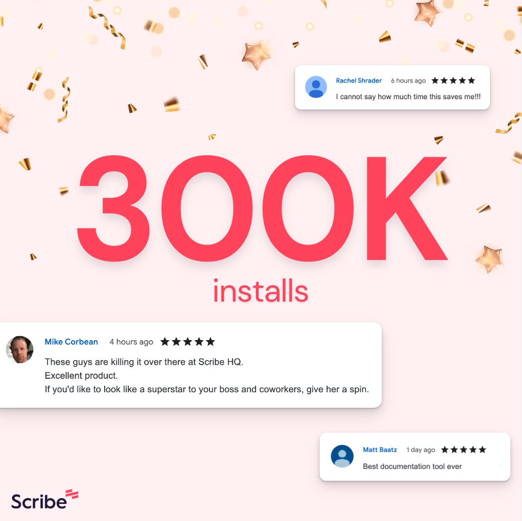 300K installs announcement with confetti and 5-star reviews from the Google Chrome store.