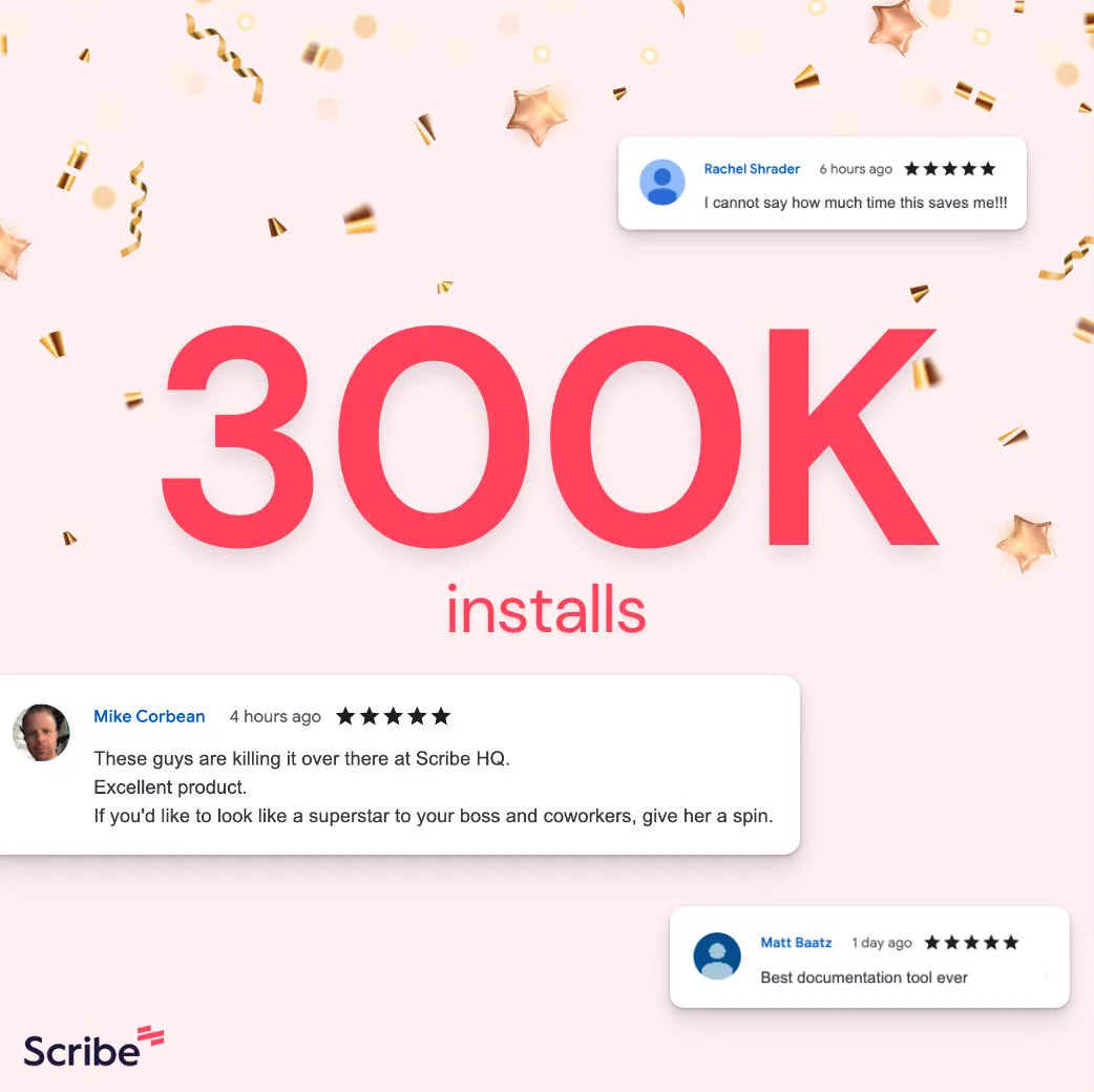 300K installs announcement with confetti and 5-star reviews from the Google Chrome store.