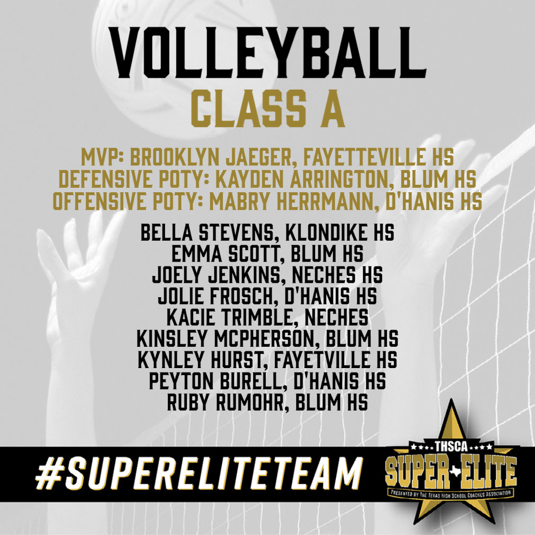 THSCAcoaches's tweet image. We are proud to announce the first-ever THSCA Volleyball Class A #SuperEliteTeam! Congratulations to these hard-working athletes.🏐👏